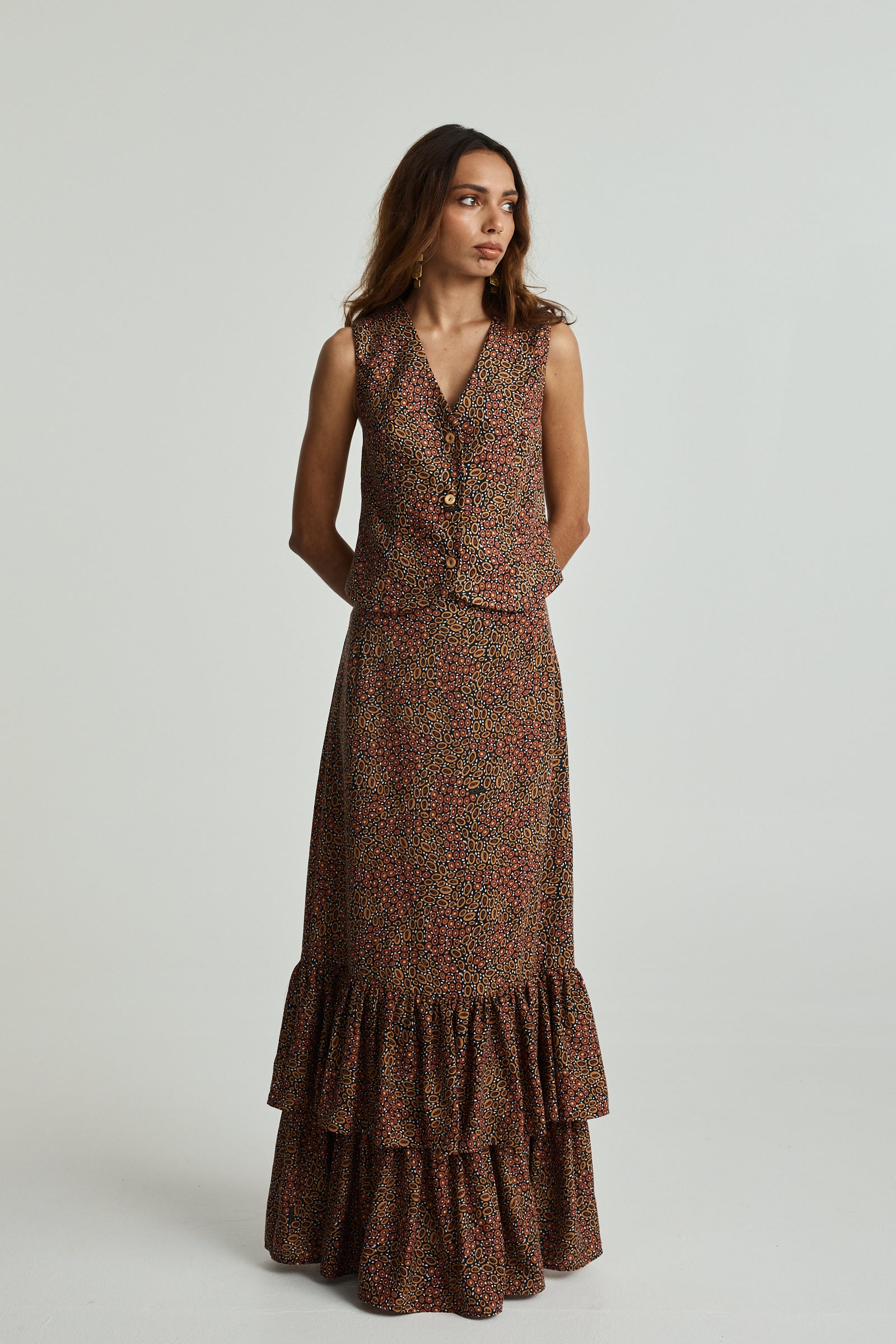 Jibaanga Chocolate Linen Ruffle Hem Maxi Skirt