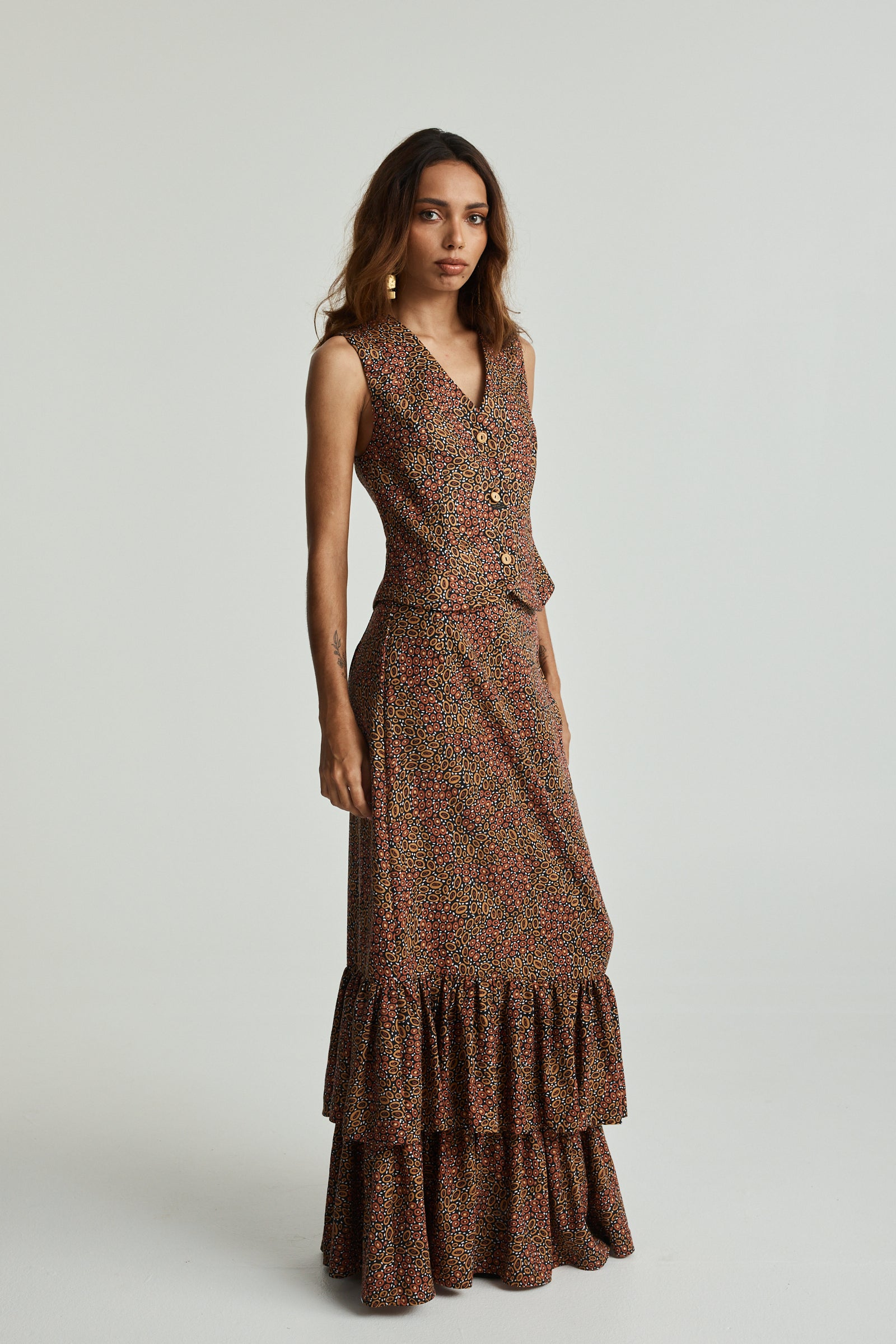 Jibaanga Chocolate Linen Ruffle Hem Maxi Skirt