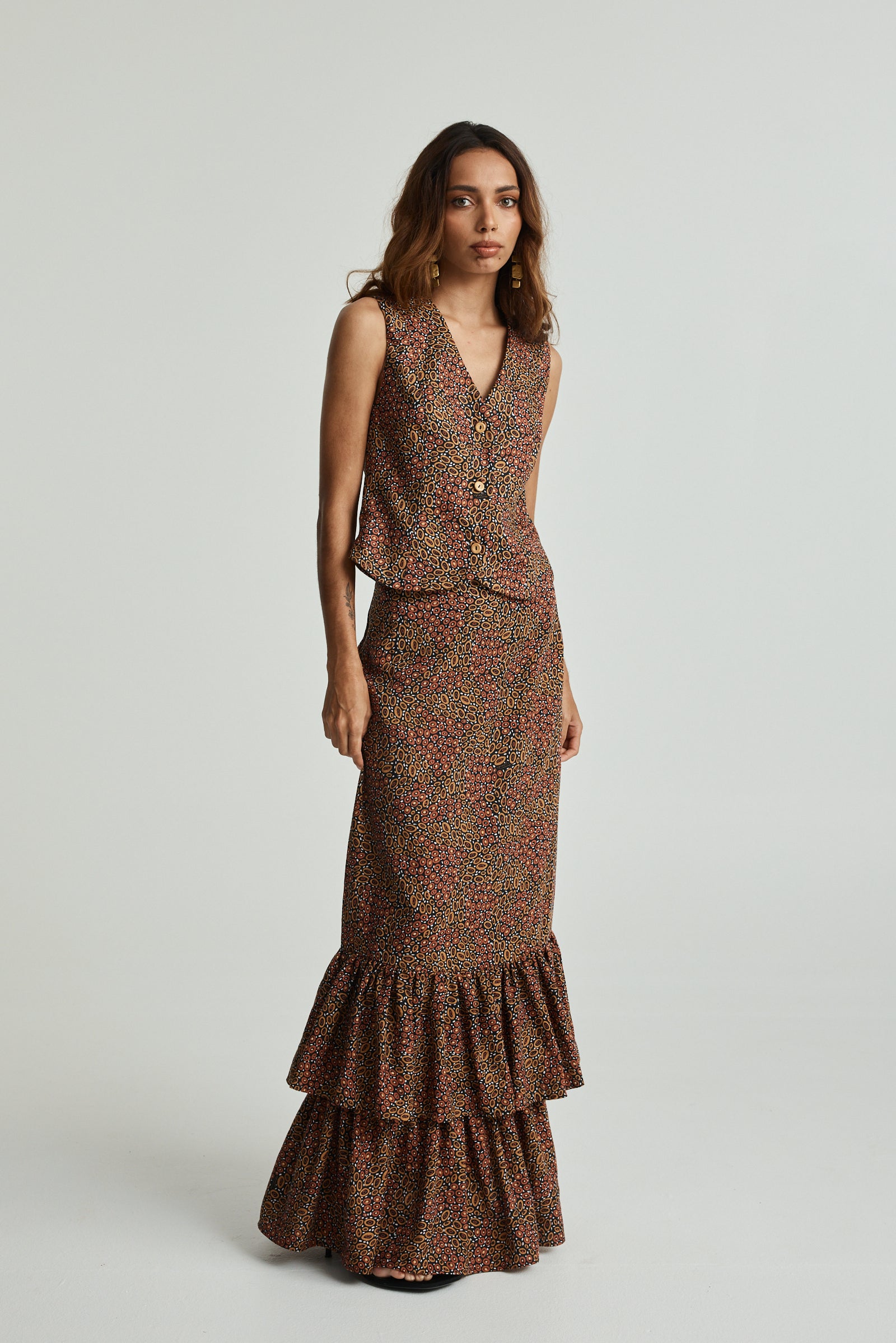 Jibaanga Chocolate Linen Ruffle Hem Maxi Skirt