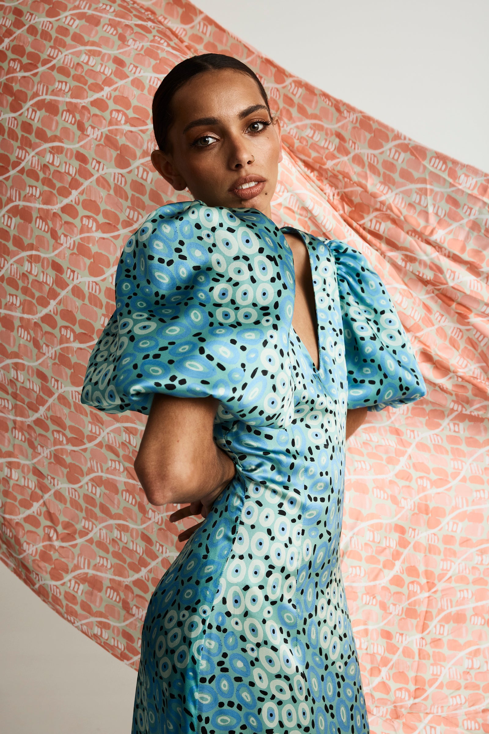 Jibaanga Sky Blue Silk Puff Sleeve Dress