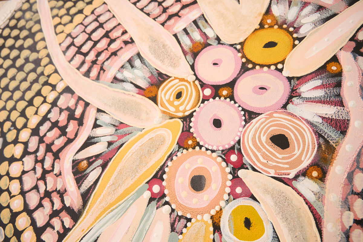 An abstract painting with organic, floral-like shapes in pink, peach, yellow, beige, black, and white, featuring textured dot patterns and layered circular forms.