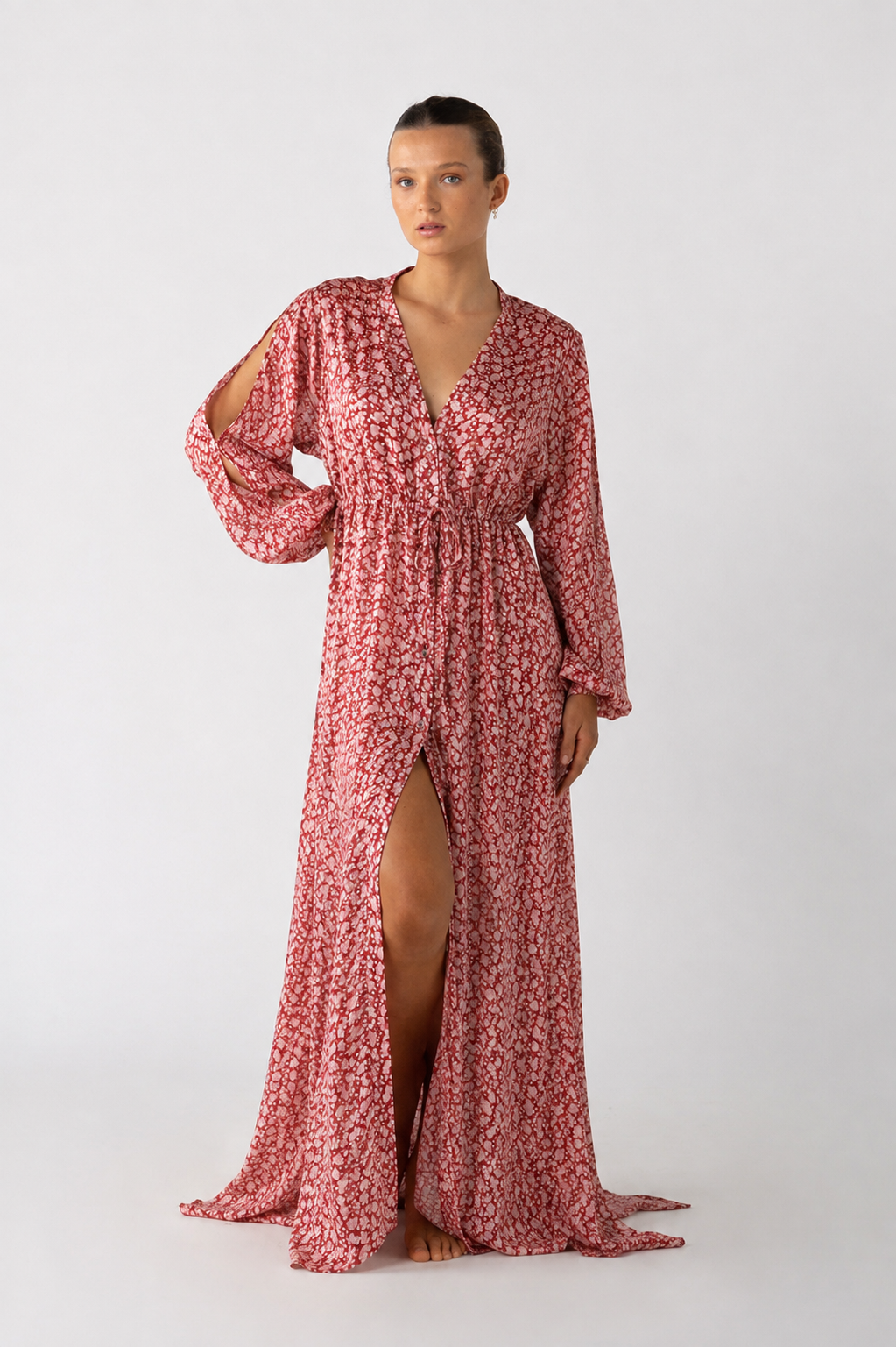 Collectors Edit | Jari & Jinda Dusty Rose Button Front & Slashed Sleeved Silk Dress