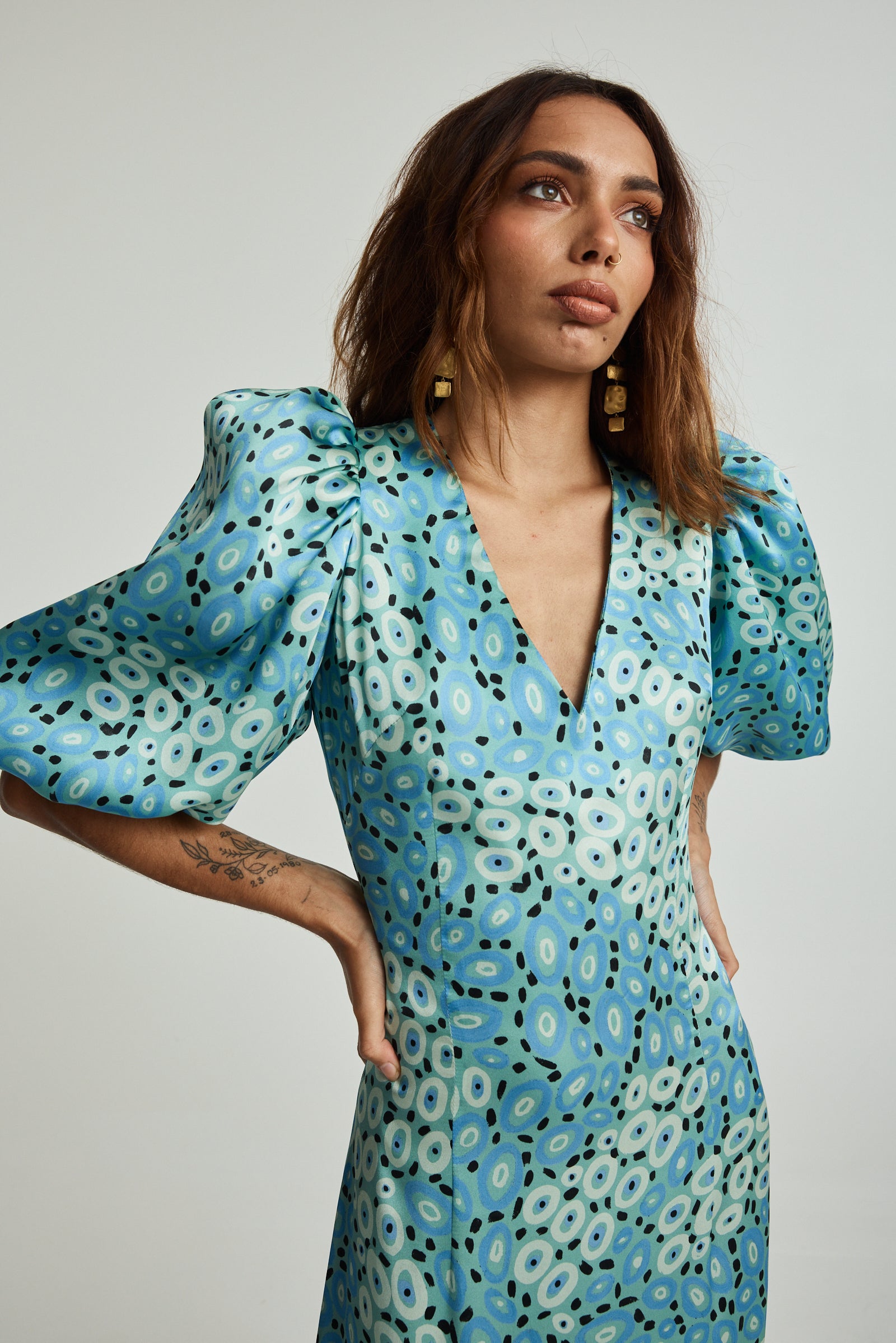 Jibaanga Sky Blue Silk Puff Sleeve Dress