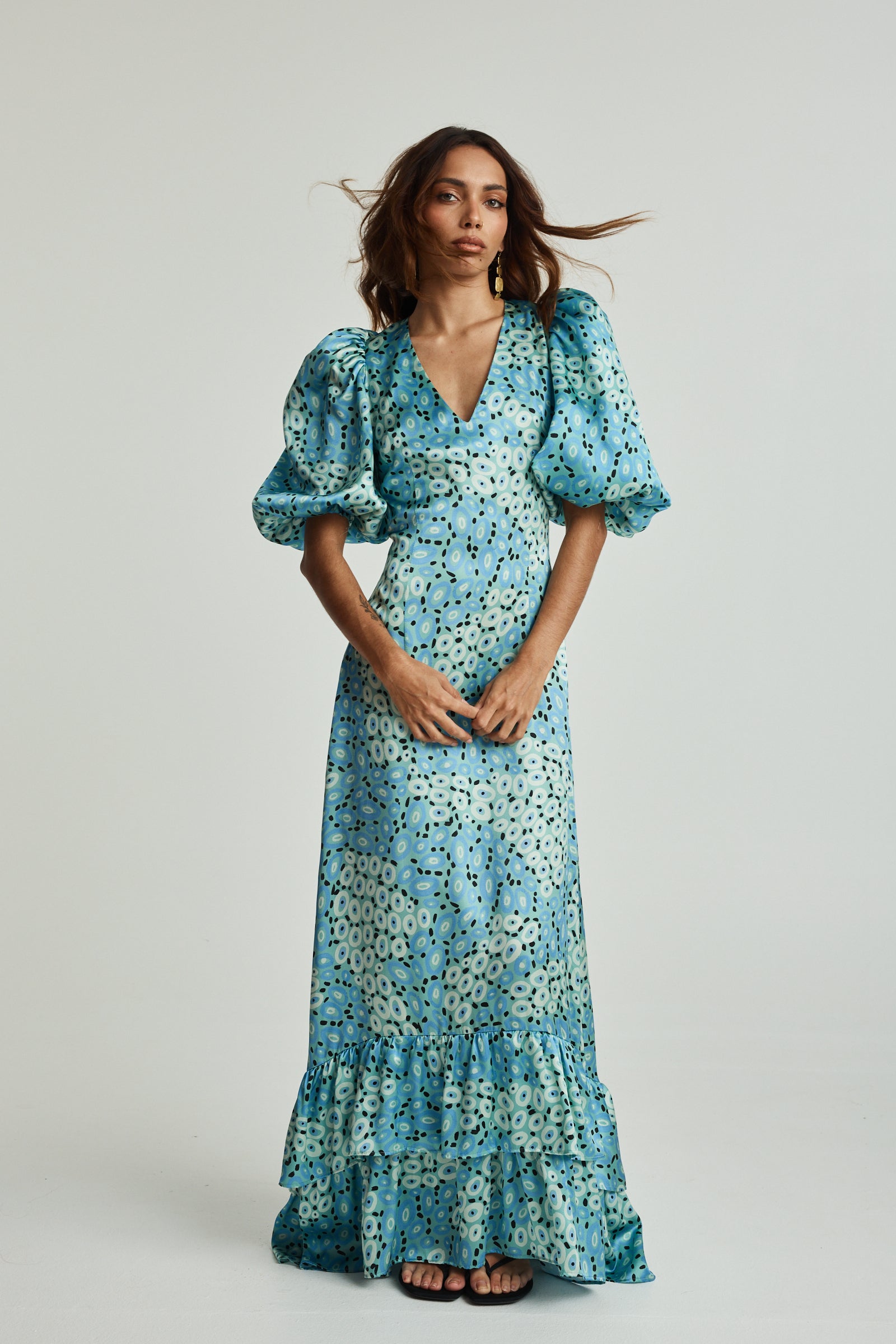 Jibaanga Sky Blue Silk Puff Sleeve Dress