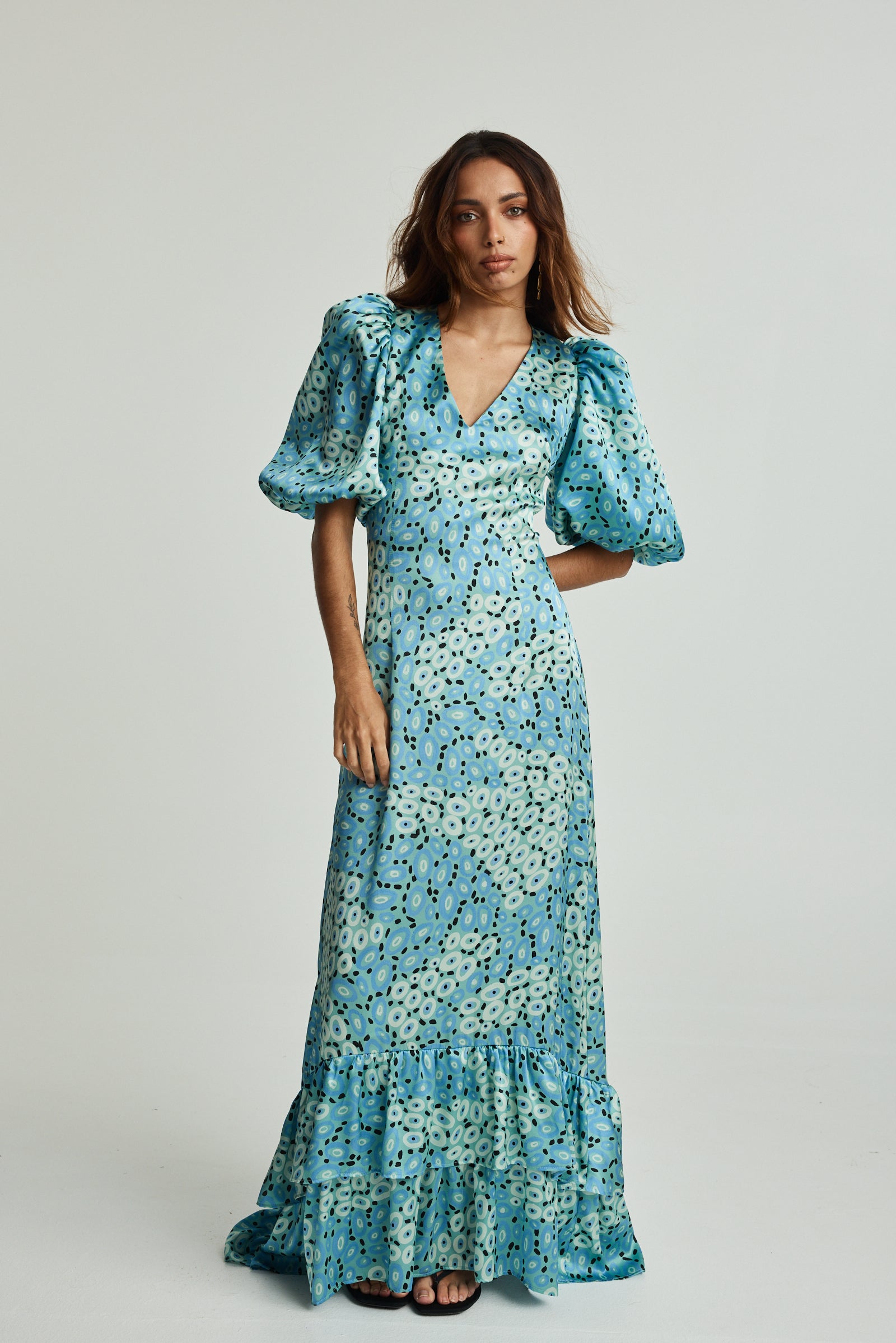 Jibaanga Sky Blue Silk Puff Sleeve Dress