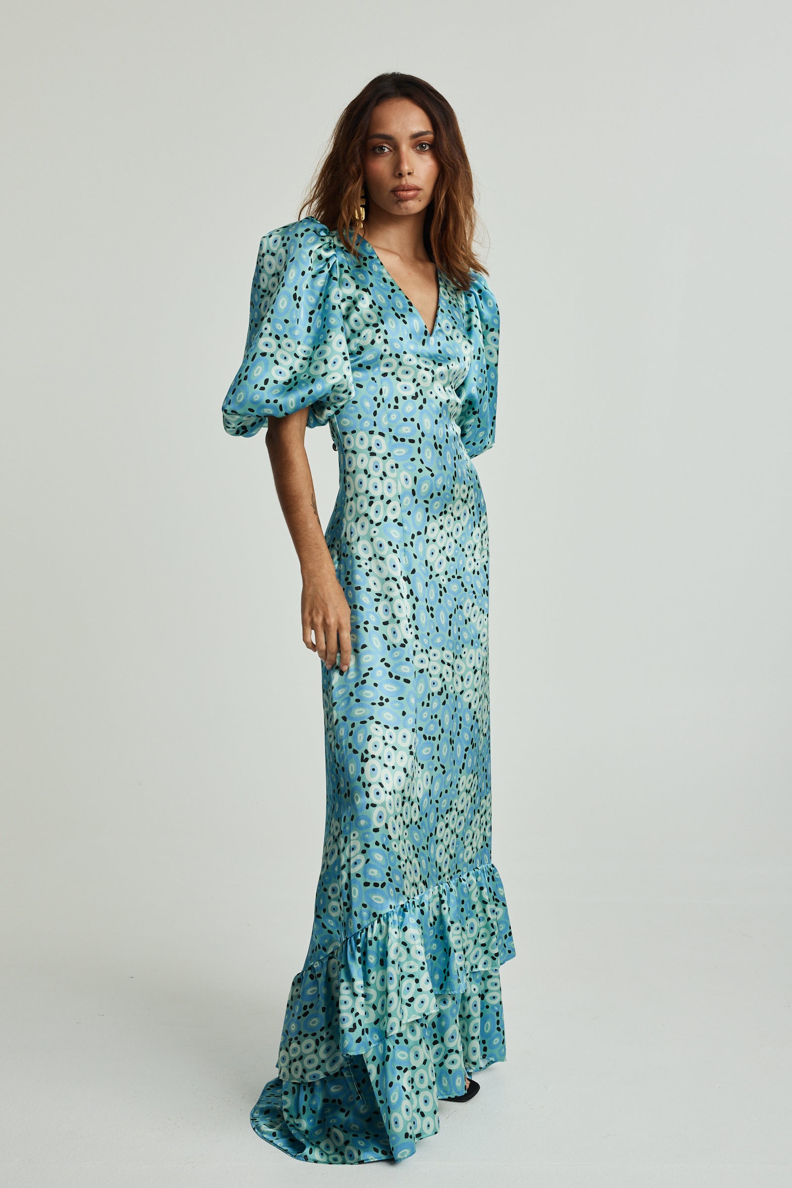 Jibaanga Sky Blue Silk Puff Sleeve Dress