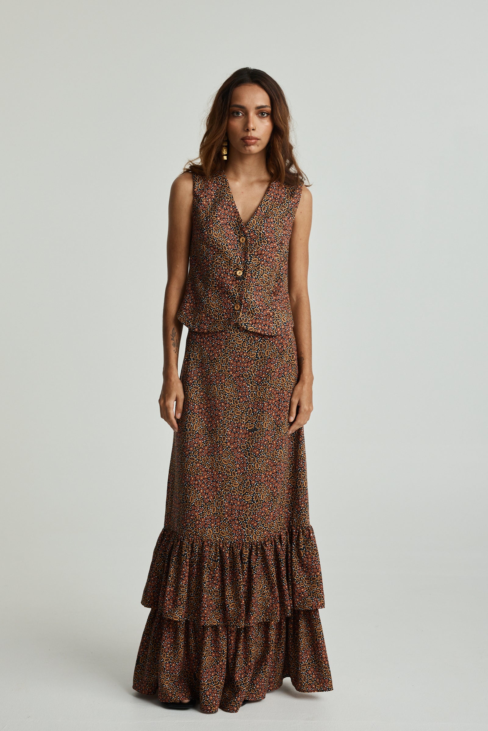 Jibaanga Chocolate Linen Ruffle Hem Maxi Skirt
