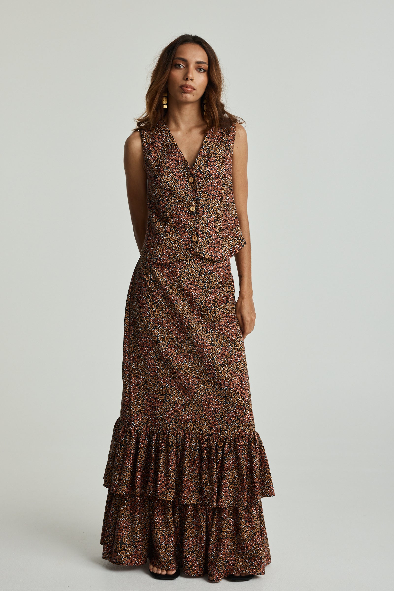 Jibaanga Chocolate Linen Ruffle Hem Maxi Skirt