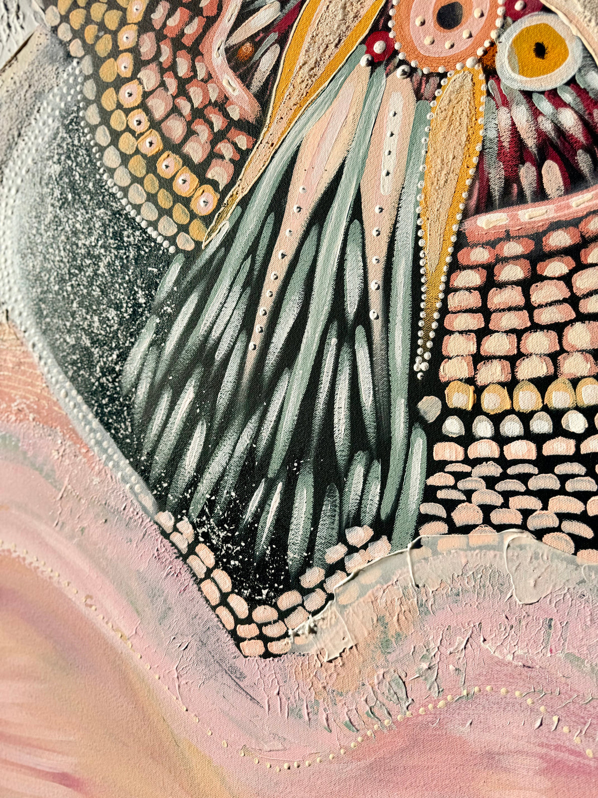 Abstract artwork with textured surface and multicolored patterns