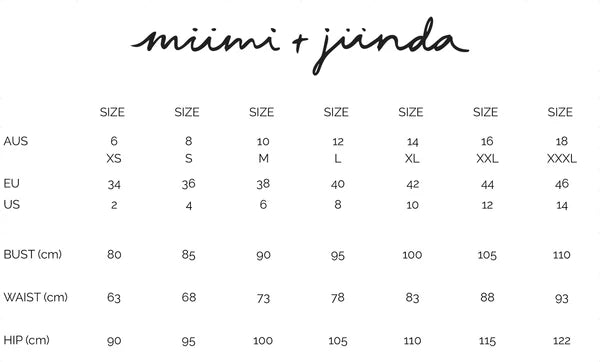Size chart for miimi + jiinda clothing with measurements in centimeters.