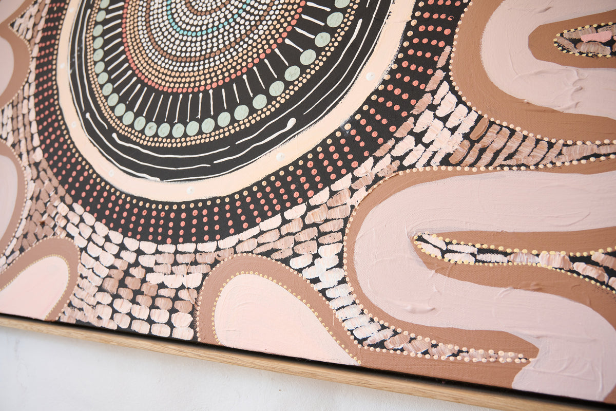 A close-up of a textured painting featuring a circular dot pattern in black, beige, brown, and muted green, alongside flowing organic shapes in dusty pink and tan.