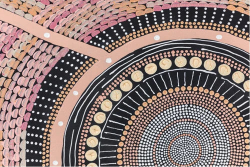 Circular pattern with concentric circles in black, pink, and beige.