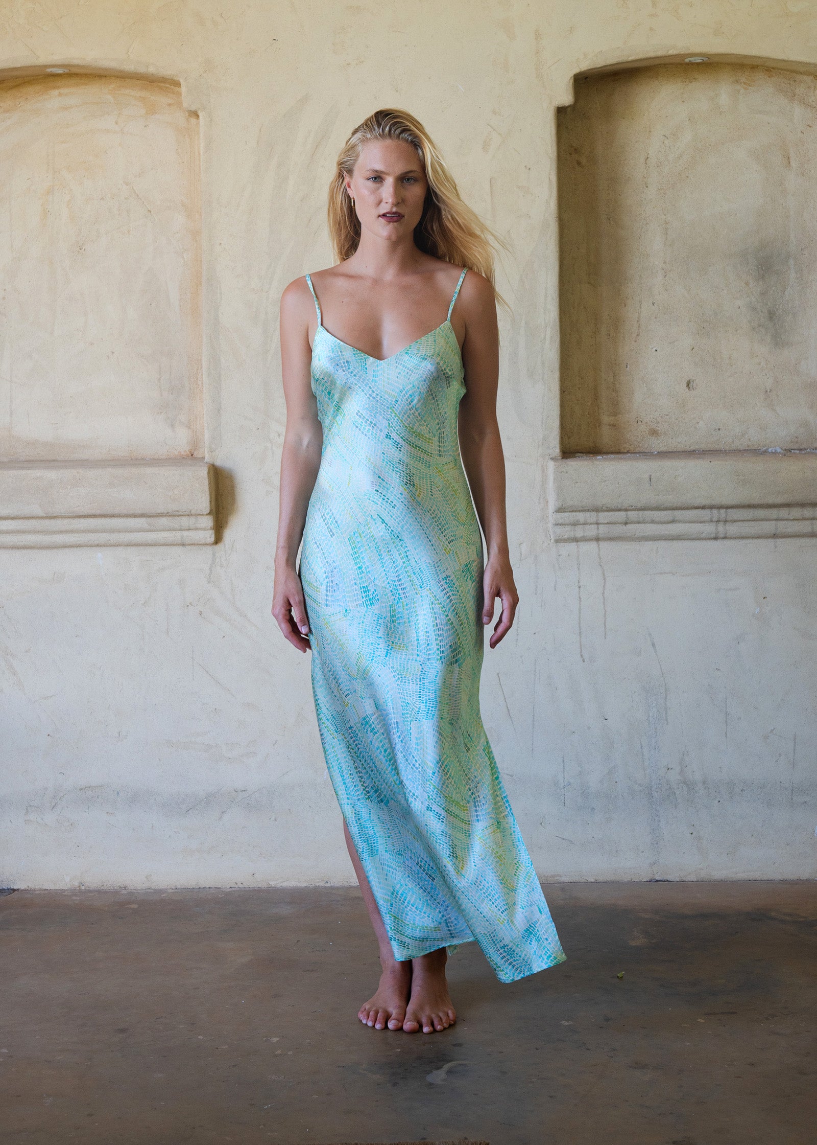 jesslyn silk maxi slip dress Jaanymili Saltwater Silk Slip Dress