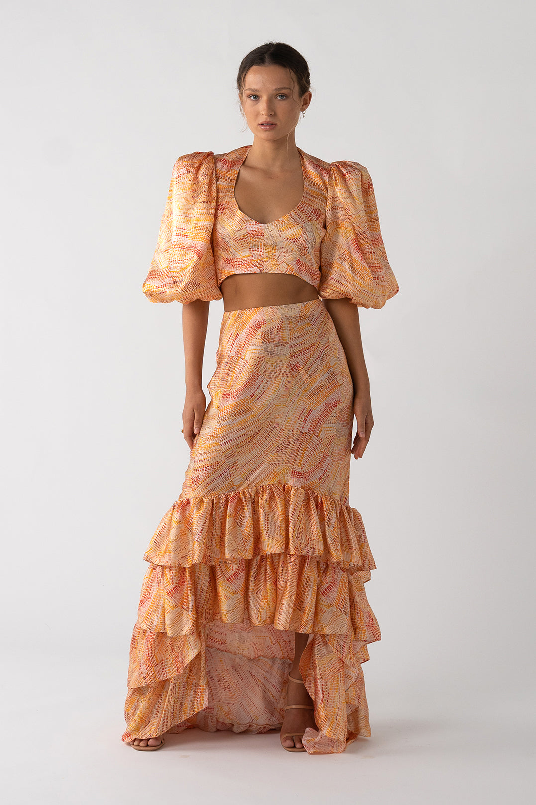 Jaanymili Sunset Silk Bias Cut Frill Skirt (Pre Order)