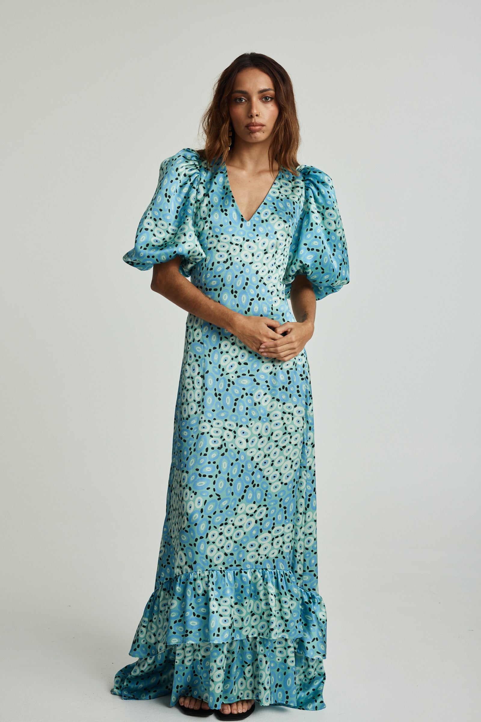 Jibaanga Sky Blue Silk Puff Sleeve Dress
