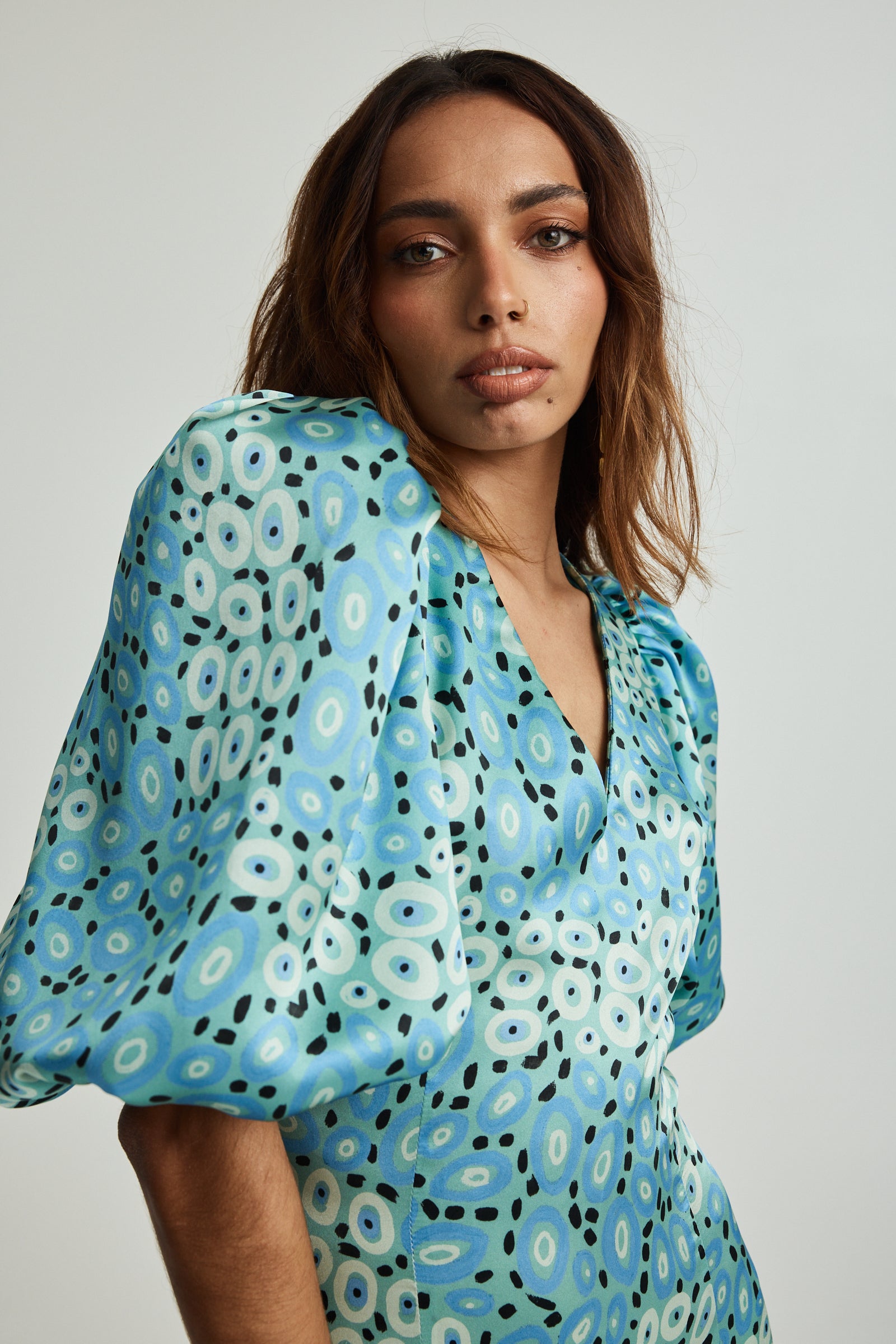 Jibaanga Sky Blue Silk Puff Sleeve Dress