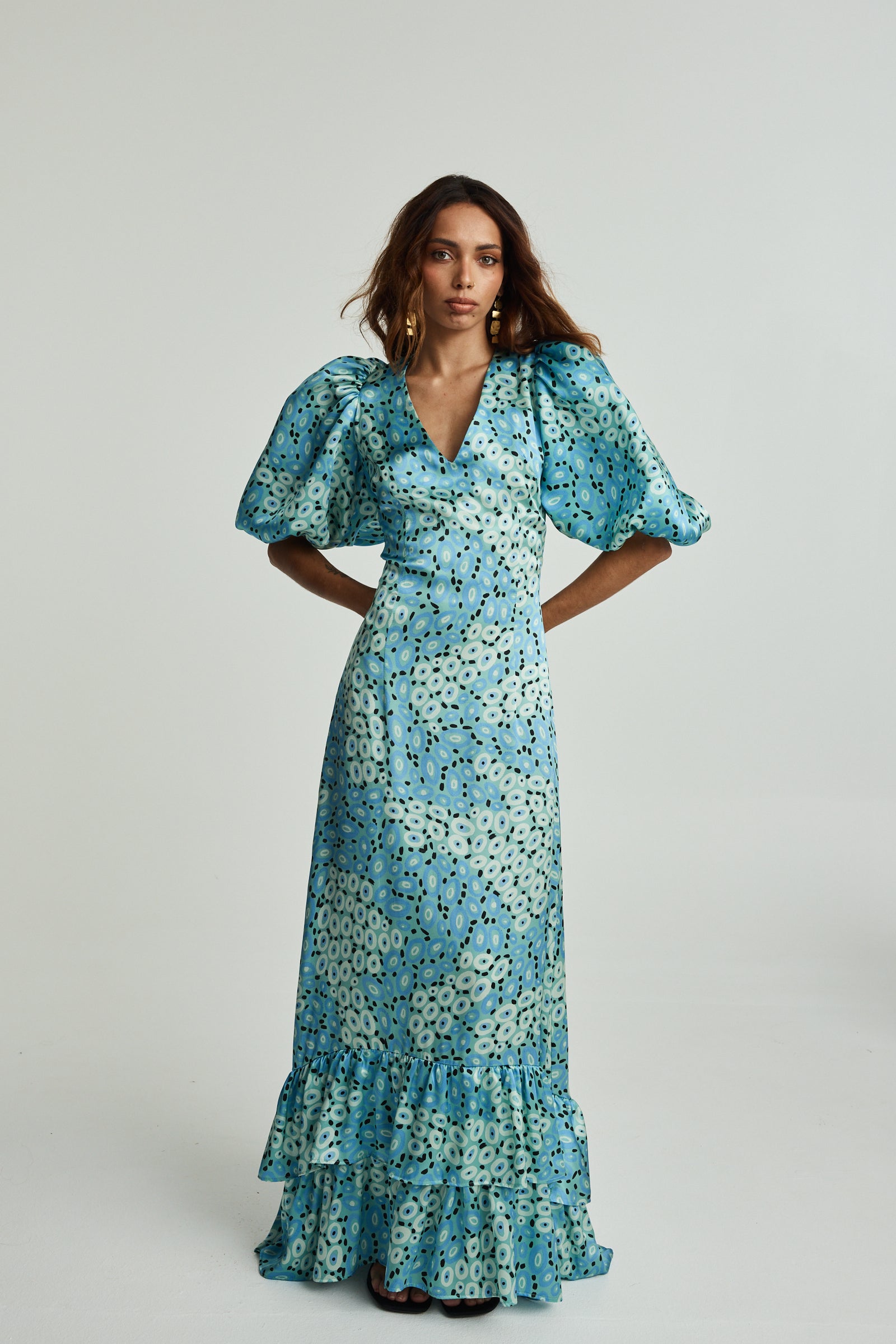 Jibaanga Sky Blue Silk Puff Sleeve Dress