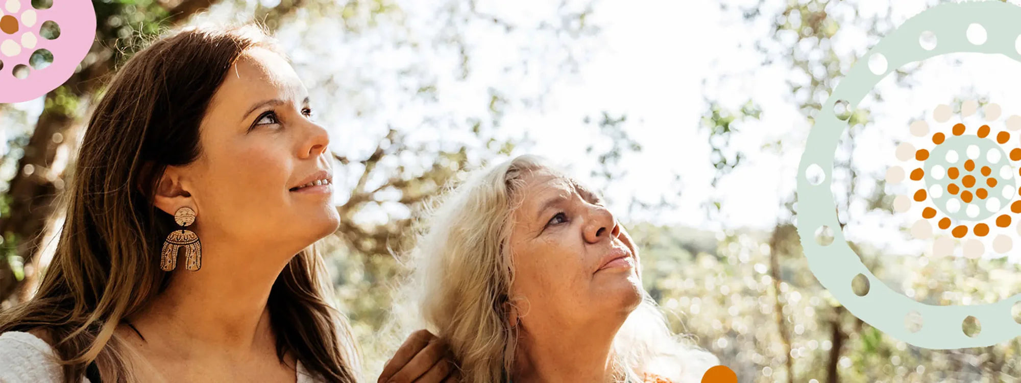 Two women looking up at the sky with a decorative border around the edges.