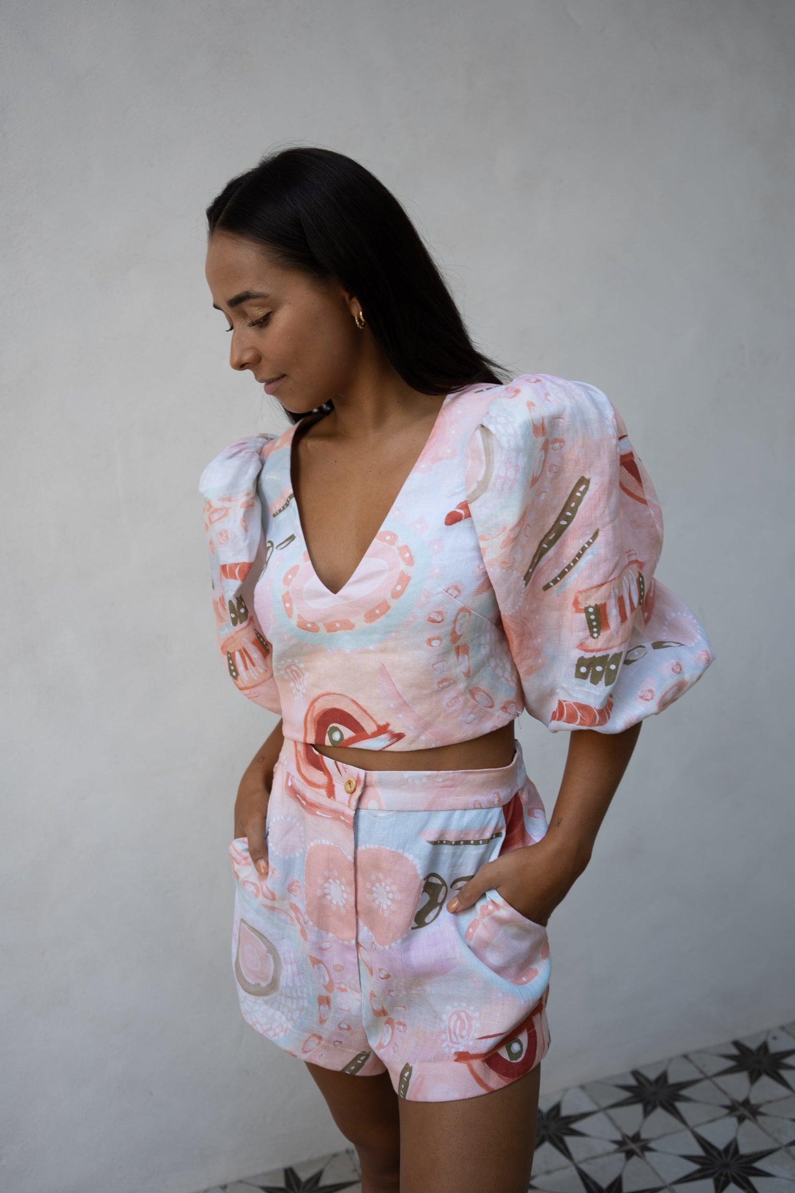 Miinggi Linen Full Sleeve Keyhole Blouse (Ready To Wear)