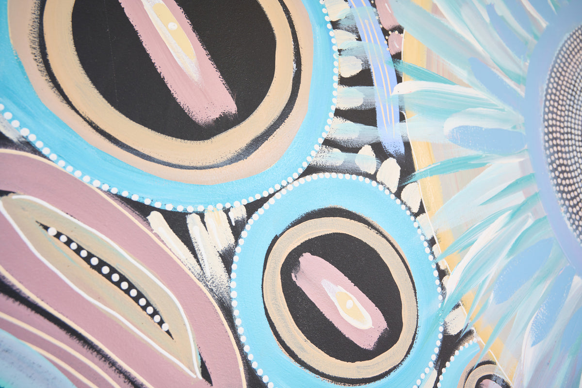 Abstract painted artwork with overlapping circular and curved forms in light blue, pink, beige, black, white, and yellow, filling the frame.